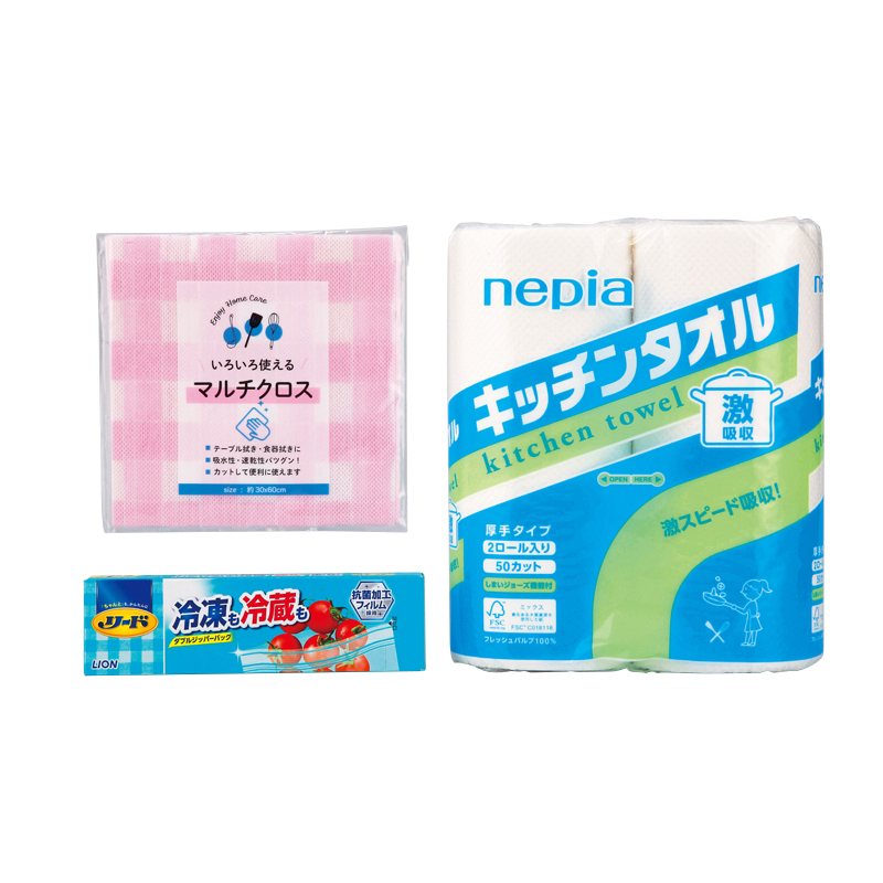 ファミリーや1人暮らしの方など、どなたにも喜ばれるキッチン周りの便利アイテム3点をセットにしたボリューム感たっぷりの販促品です。渡しやすく持ち運びも簡単な持ち手付きボックス入りなので、各種イベントの景品やご成約記念などにぜひ。