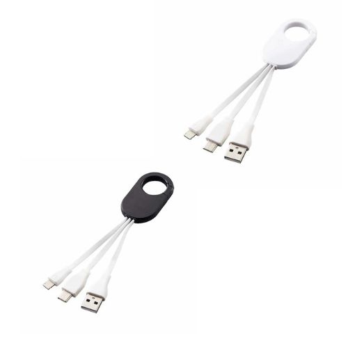 3種類の端末に対応しデータ転送可能なカラビナマルチＵＳＢケーブルです。端子はUSBタイプA、USBタイプC、microUSB&iPhone(5以降)兼用の3種類です。USBタイプAは、PCに接続する標準的なUSBコネクタ。USBタイプCはMacBookやAndroidスマホに接続します。仕事や出張時にこれ1本持っていれば、スマートフォンやタブレットなどをパソコンから充電できます。複数のケーブルを持ち運ぶ必要がなくなって便利です。