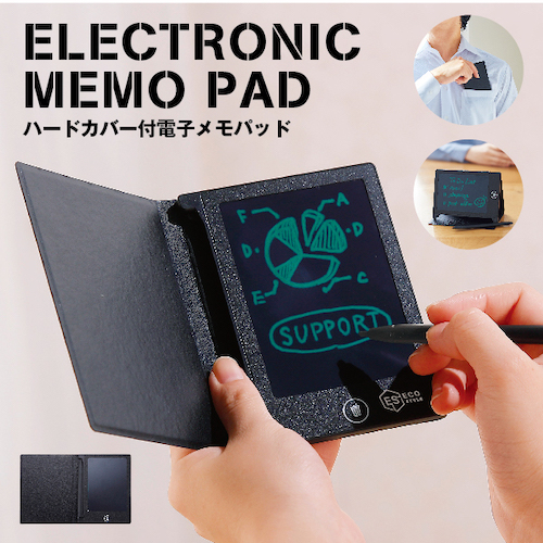 携帯しやすいミニサイズのハードカバー付電子メモパッド。レザー調カバーや使い勝手の良さ、シンプルなデザインが高級感あるノベルティを演出してくれます。企業様や学校名などを名入れすることで、記念品やプレゼントとしても活用できておすすめです。長く使えるコストパフォーマンスの良い販促品はエコにも繋がるのでさらに良いですね。