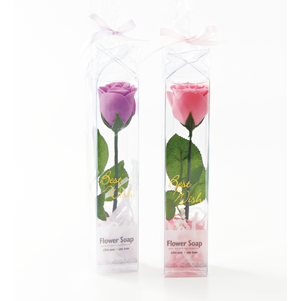 一輪の薔薇をイメージしたエレガントなハンドソープ。通常の石鹸としてはもちろん、お風呂でもご利用いただくことができて癒し効果あります。また、インテリアや芳香剤としてもおしゃれです。たくさんのノベルティを配布して販促品として使用したい企業様、コストを抑えてかさばらないノベルティを探している担当者様に人気です。