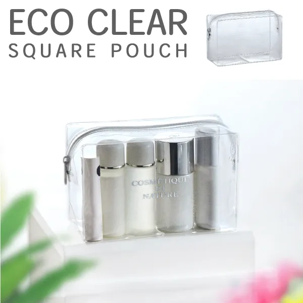 清涼感たっぷりのスクエア型のクリアポーチです。定番サイズなのでどんなシーンで使用することができます。環境に優しいエコ素材を使用していますので、SDGsにも貢献できるアイテム!名入れも可能ですので、企業やお店の雰囲気に合わせたオリジナルのノベルティを作ることができます。