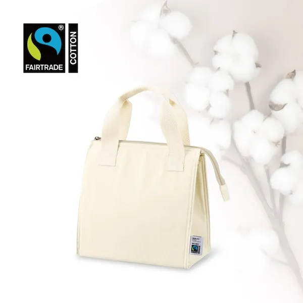 フェアトレードコットンを使用した保冷トートバッグ。シンプルで使い勝手の良いスクエア型に、太めのテープハンドルがアクセントになります。