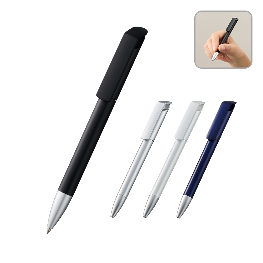 シャープな印象のメタリックボディのボールペン。本体をひねることでペン先が出てくるスタイリッシュな仕様で、側面のクリップはノートやメモ帳にしっかりと挟むことができるようになっています。素材には本来焼却廃棄予定だったABSを使用し、不要になったABSを再利用することで、廃棄する際に排出される二酸化炭素を削減できるため、環境にも配慮したサスティナブルな商品です。クリップ部やボディ部にフルカラーで印刷することが可能なので様々な案件に対応ができ、ばらまき用のノベルティや、学校行事等の記念品などにもオススメです。