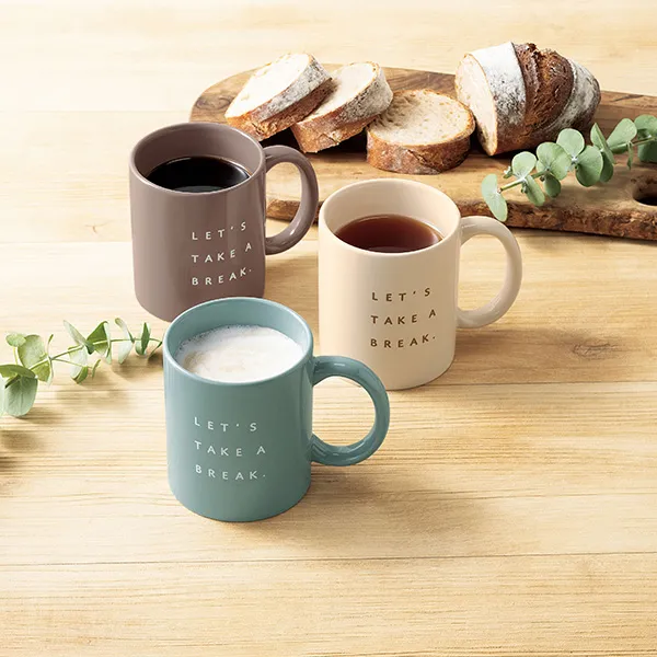 LET'STAKEABREAK.ちょっと一息つきましょう！おしゃれな３カラー展開のたっぷりサイズマグです。